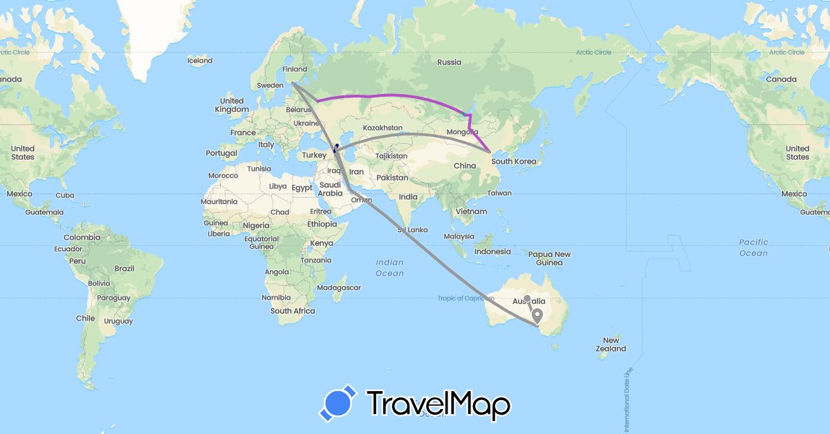 TravelMap itinerary: driving, bus, plane, train in Armenia, Australia, China, Finland, Georgia, Mongolia, Qatar, Russia (Asia, Europe, Oceania)